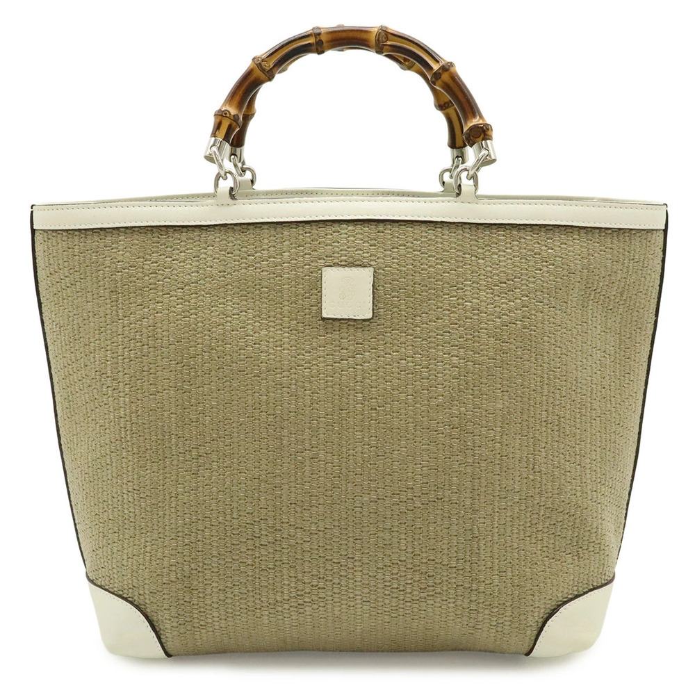 Gucci Bamboo Handbag Straw Tan Leather White